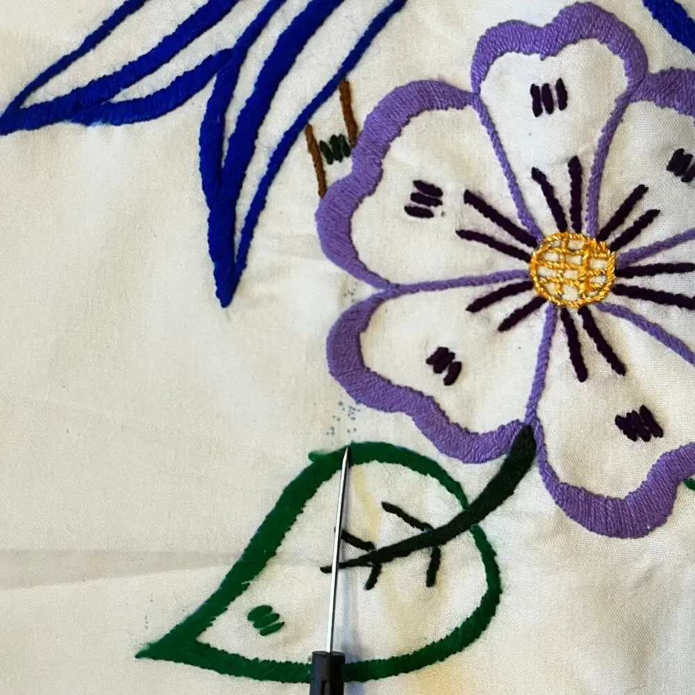 Vintage Pillowcases Pair Embroidered Bluebirds Floral Folk Art Cottagecore